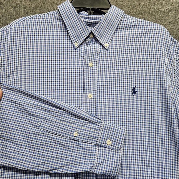 Ralph Lauren Performance Dress Shirt Mens XL Blue Check Nylon Stretch Pony - Picture 1 of 12